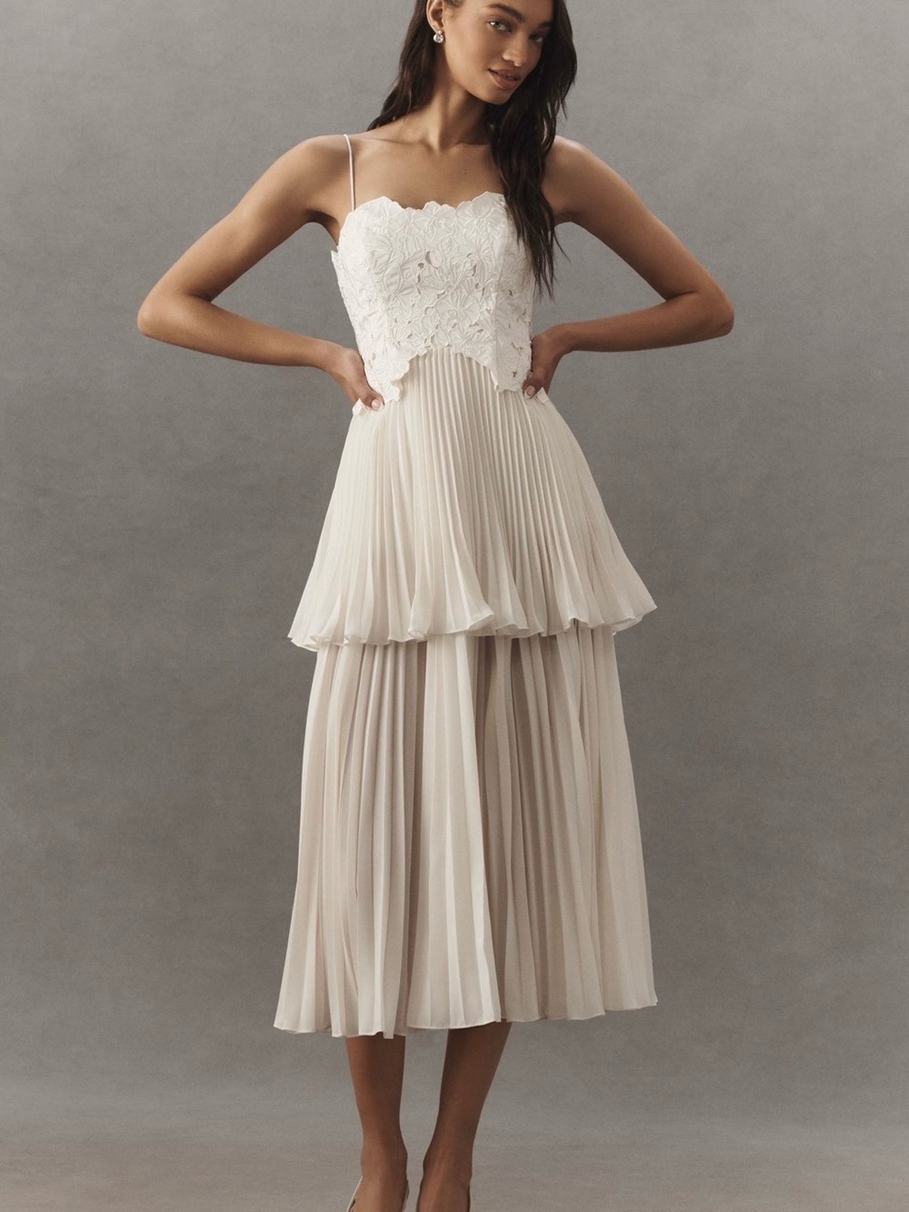 AMUR Ivory Lace Bodice Pleated Tiered Midi Dress